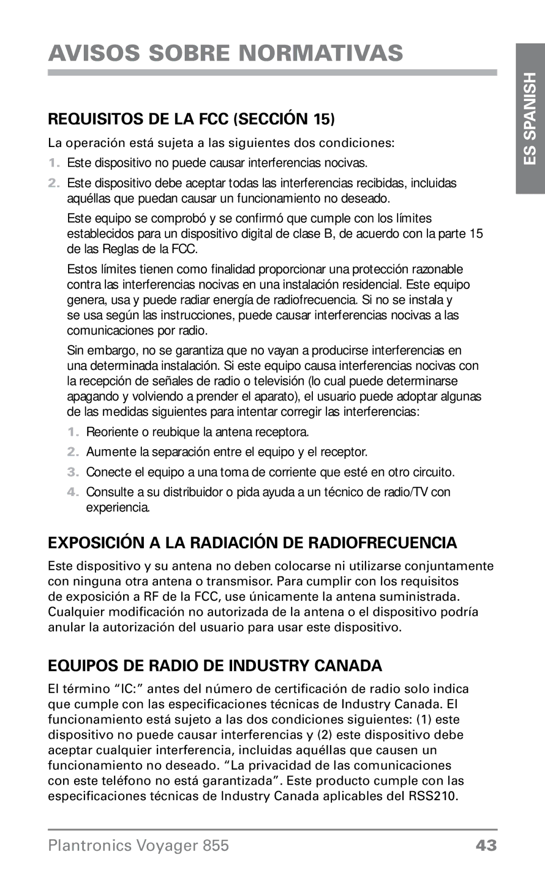 Plantronics VOYAGER855 Avisos sobre normativas, Requisitos de la FCC sección, Exposición a la radiación de radiofrecuencia 