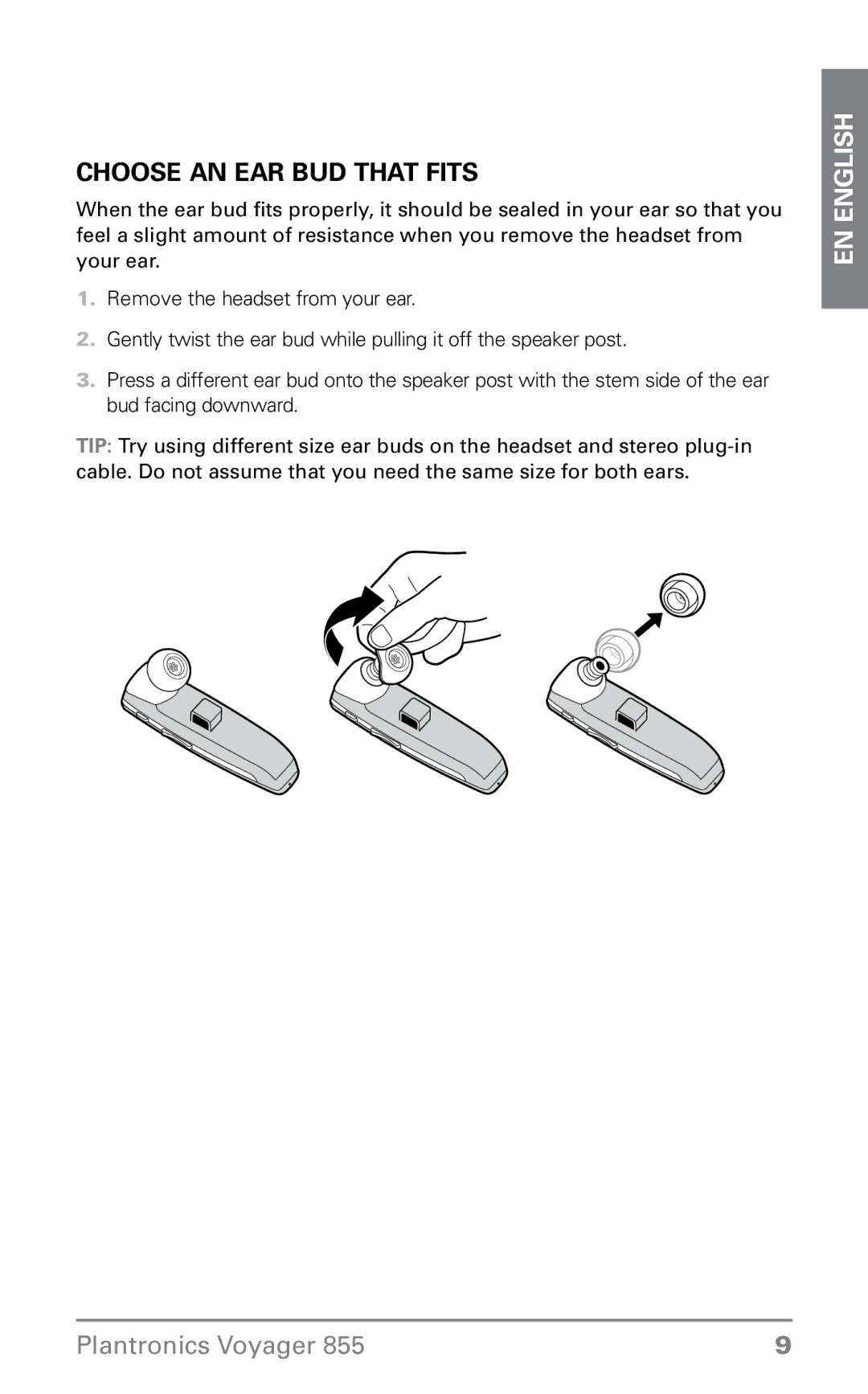 Plantronics VOYAGER855 manual Choose an ear bud that fits 