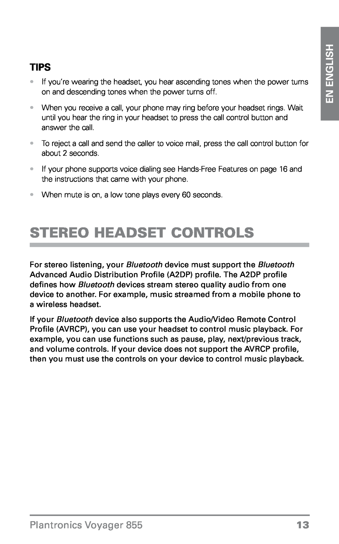 Plantronics VOYAGER855 manual Stereo Headset Controls, Tips, En English, Plantronics Voyager 