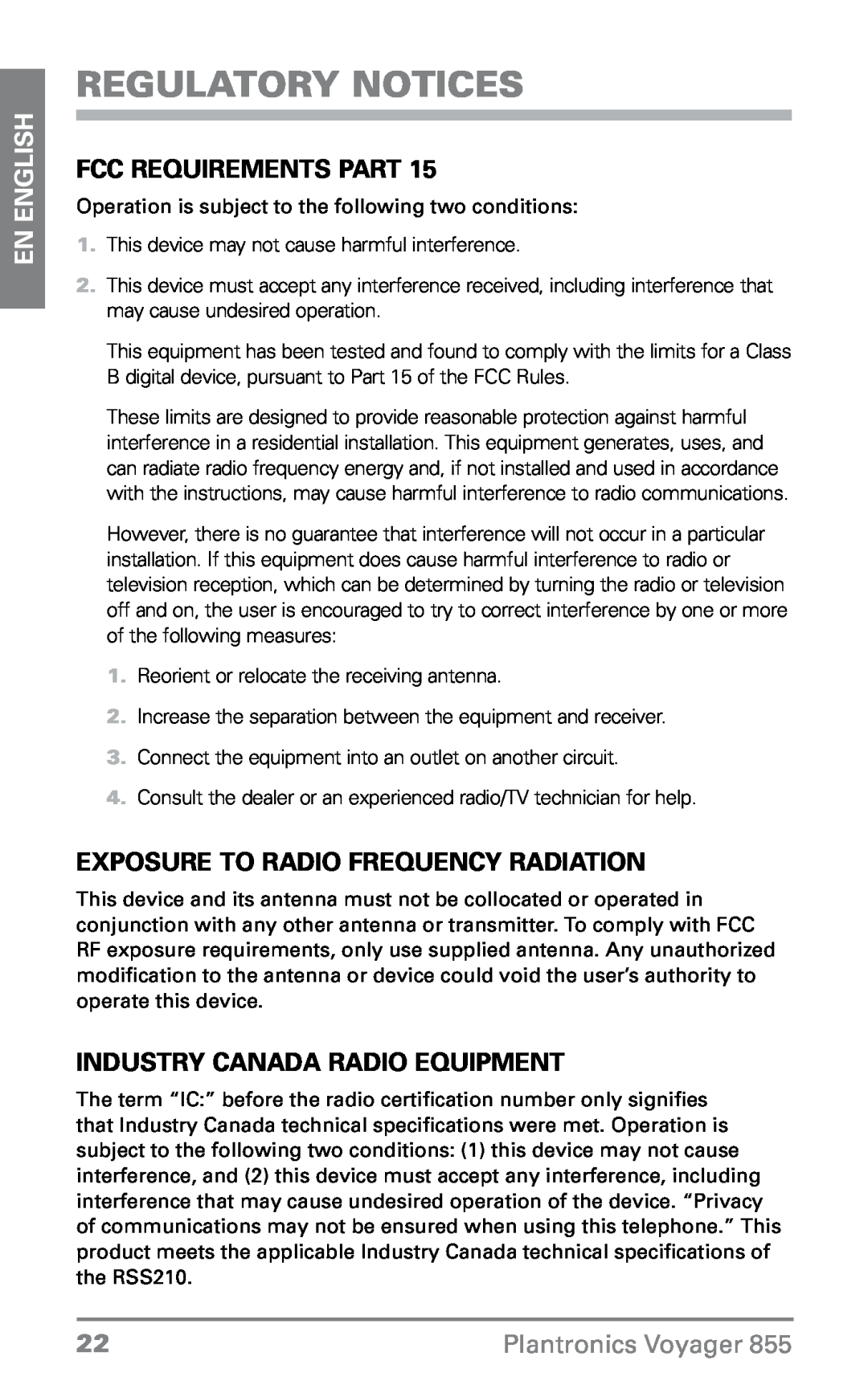 Plantronics VOYAGER855 manual Regulatory Notices, FCC Requirements Part, Exposure To Radio Frequency Radiation, En English 