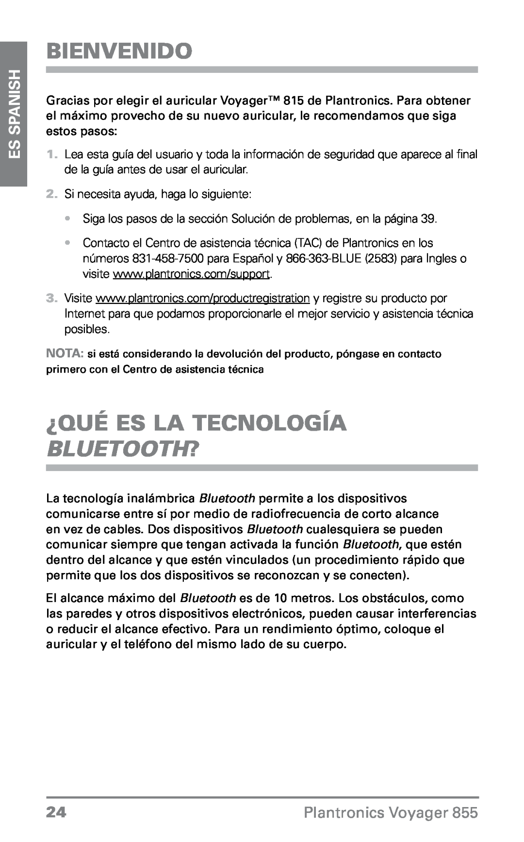 Plantronics VOYAGER855 manual Bienvenido, ¿Qué es la tecnología Bluetooth?, ES Spanish, Plantronics Voyager 