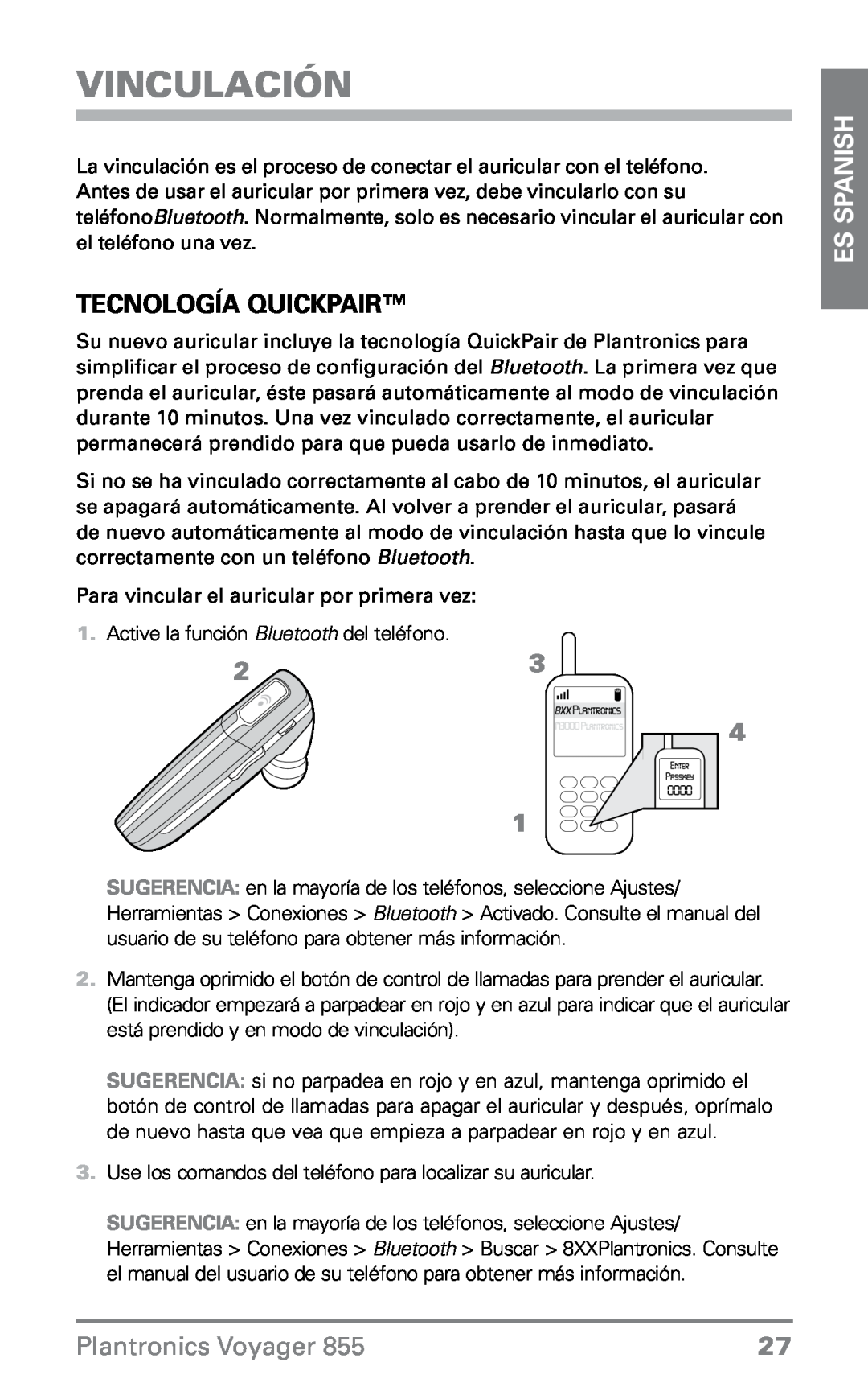 Plantronics VOYAGER855 manual Vinculación, Tecnología QuickPair, ES Spanish, Plantronics Voyager 