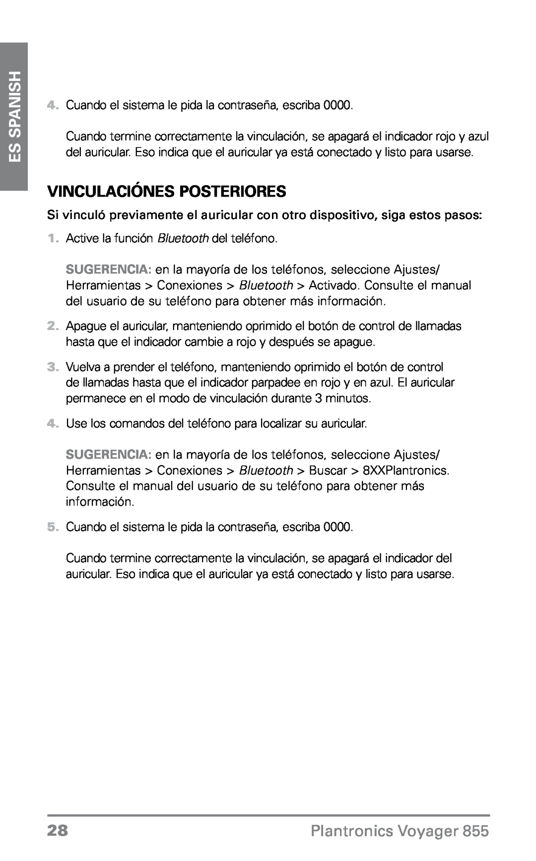 Plantronics VOYAGER855 manual VinculaciónEs posteriores, ES Spanish, Plantronics Voyager 