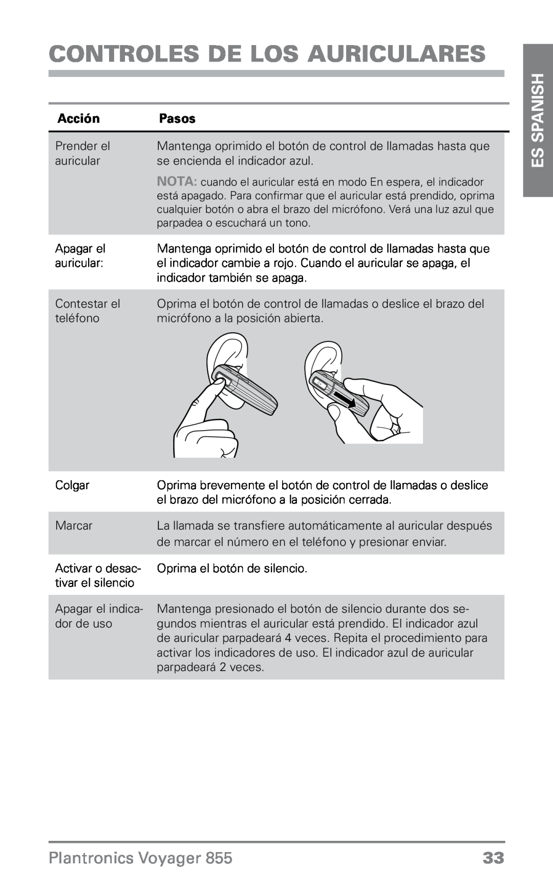 Plantronics VOYAGER855 manual Controles de los auriculares, ES Spanish, Plantronics Voyager, Acción, Pasos 