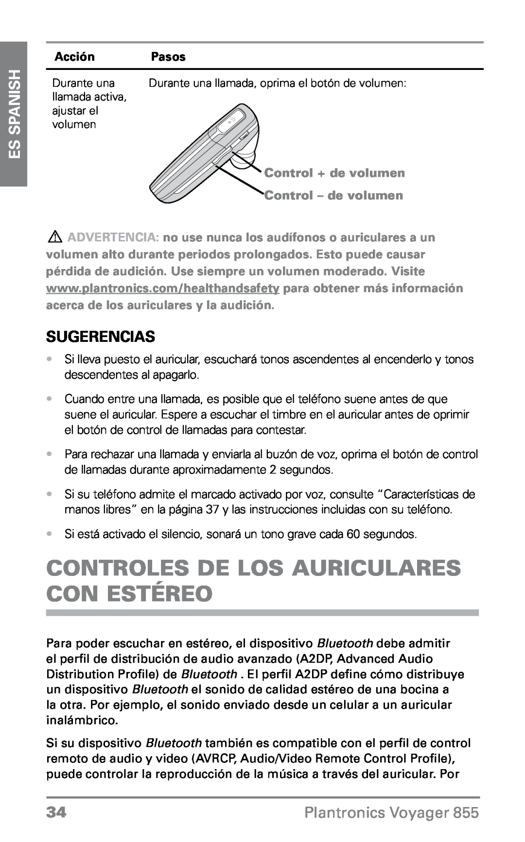 Plantronics VOYAGER855 Controles de lOS auricularES con estéreo, Sugerencias, ES Spanish, Plantronics Voyager, Acción 