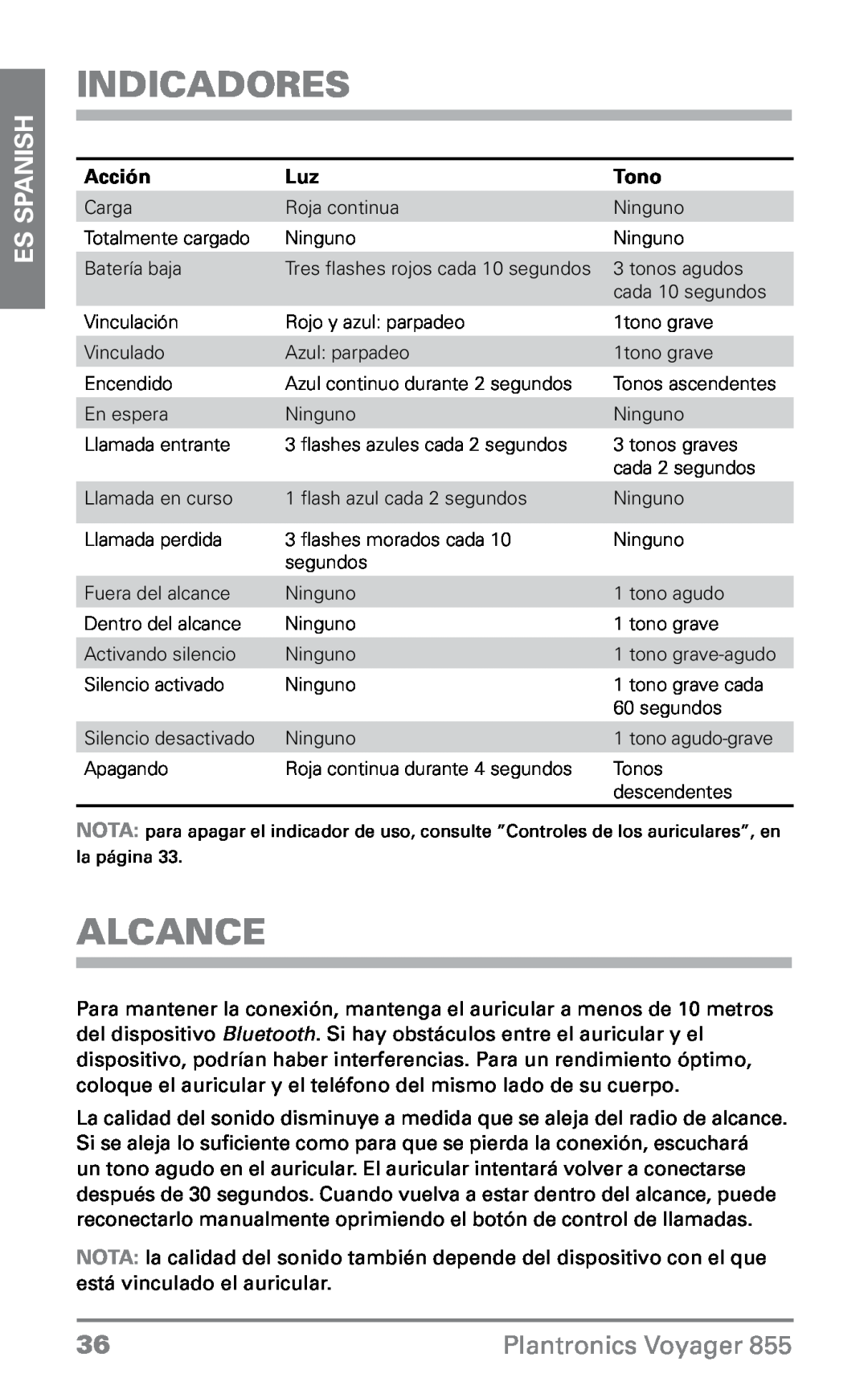 Plantronics VOYAGER855 manual Indicadores, Alcance, ES Spanish, Plantronics Voyager, Acción, Tono 