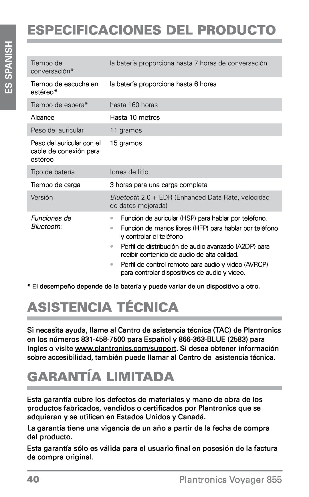 Plantronics VOYAGER855 manual Especificaciones del producto, Asistencia técnica, Garantía limitada, ES Spanish 