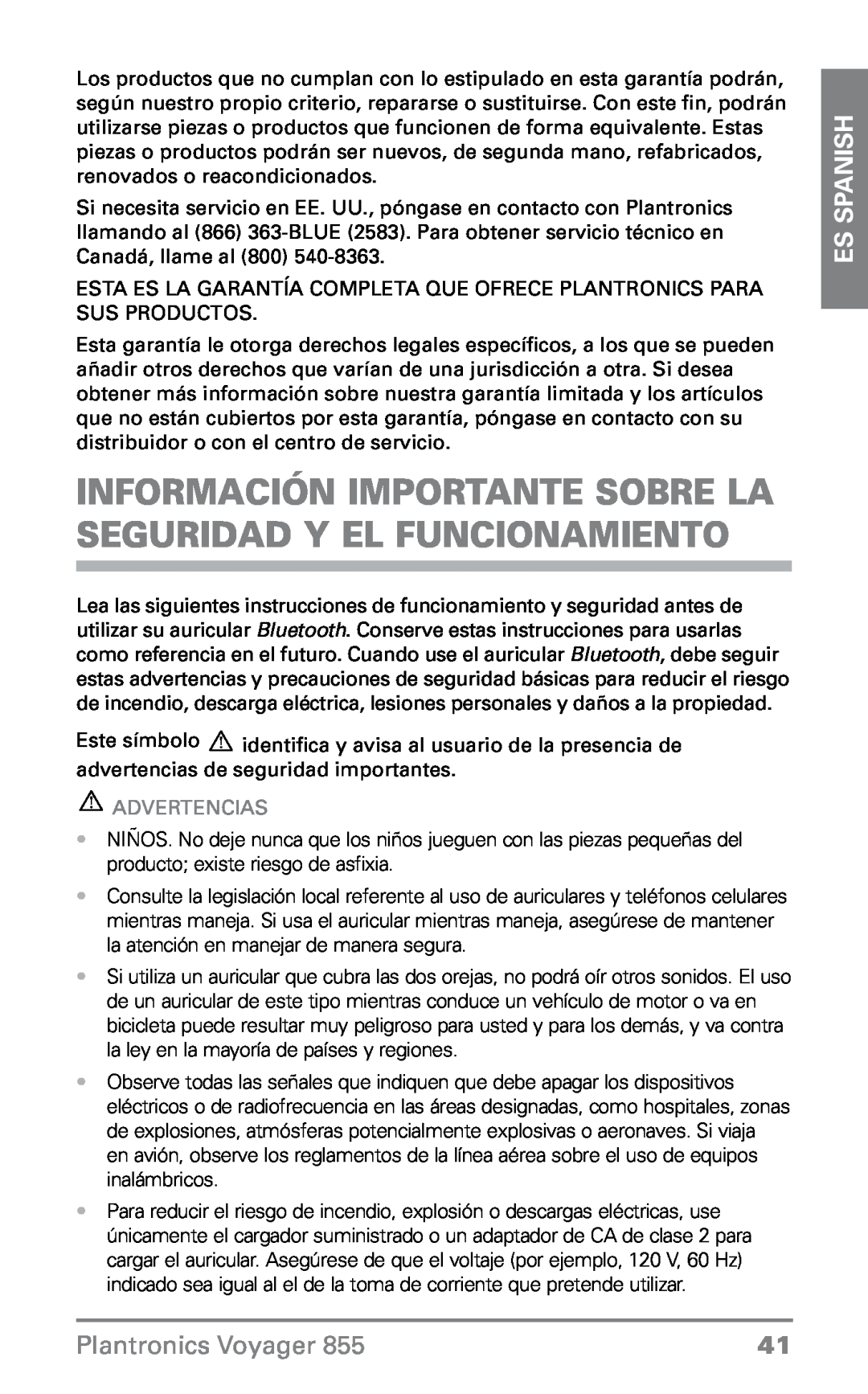 Plantronics VOYAGER855 manual ES Spanish, Plantronics Voyager, Advertencias 