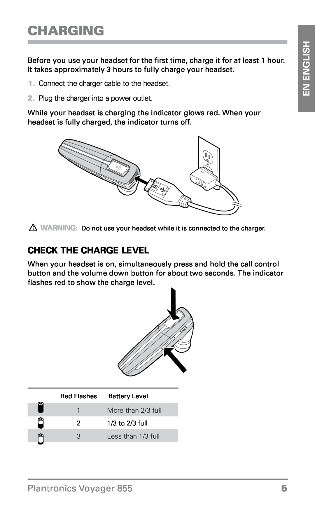 Plantronics VOYAGER855 manual Charging, Check the charge level, En English, Plantronics Voyager 