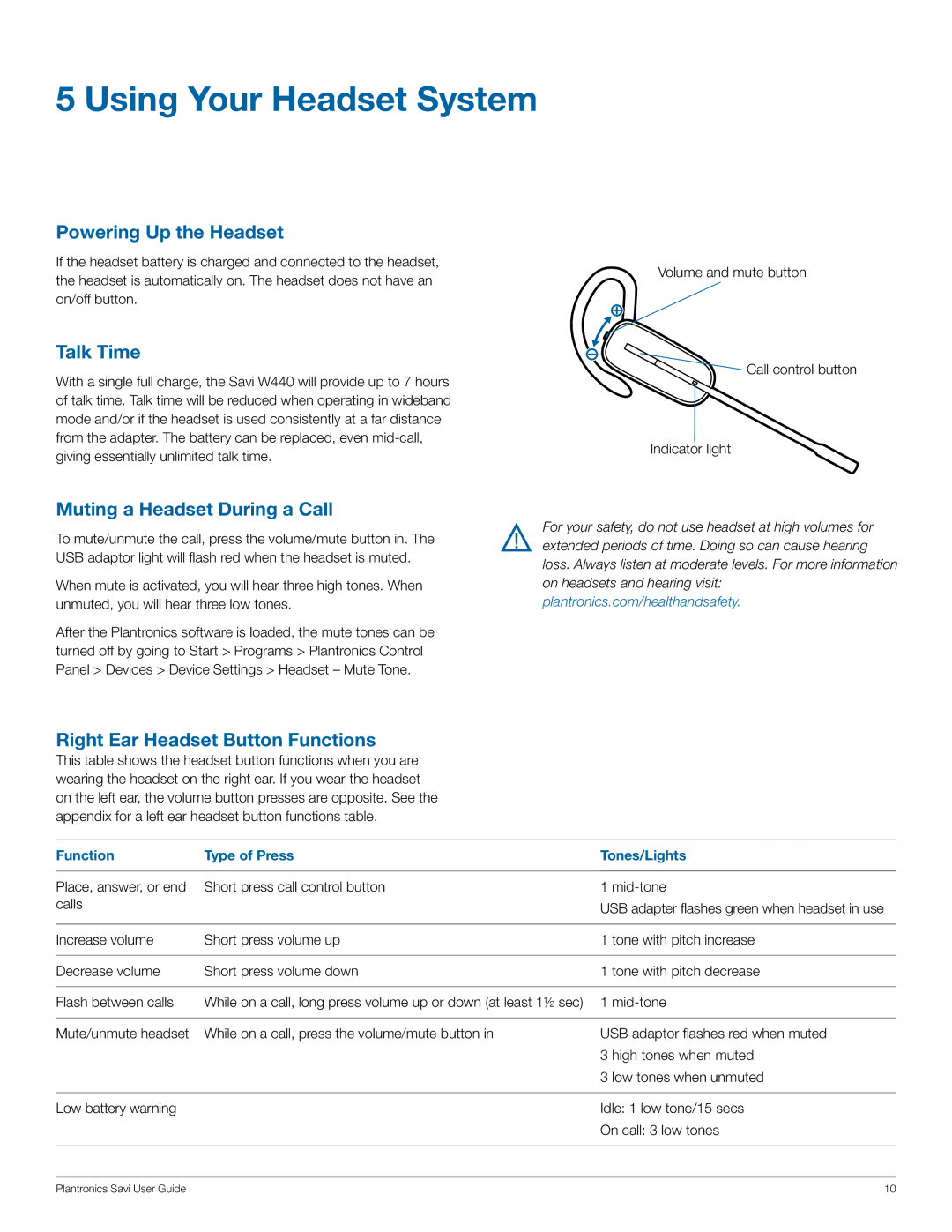 Plantronics W440-M manual Using Your Headset System, Powering Up the Headset, Talk Time, Muting a Headset During a Call 