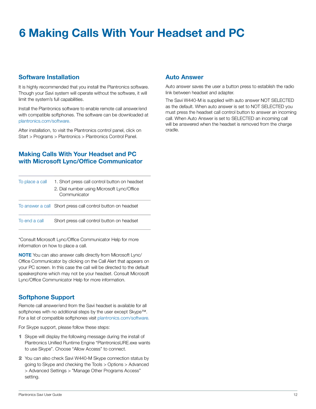 Plantronics W440-M manual Making Calls With Your Headset and PC, Software Installation, Auto Answer, Softphone Support 