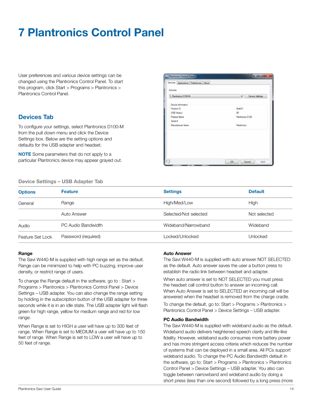 Plantronics W440-M manual Plantronics Control Panel, Devices Tab, Options Feature Settings Default 