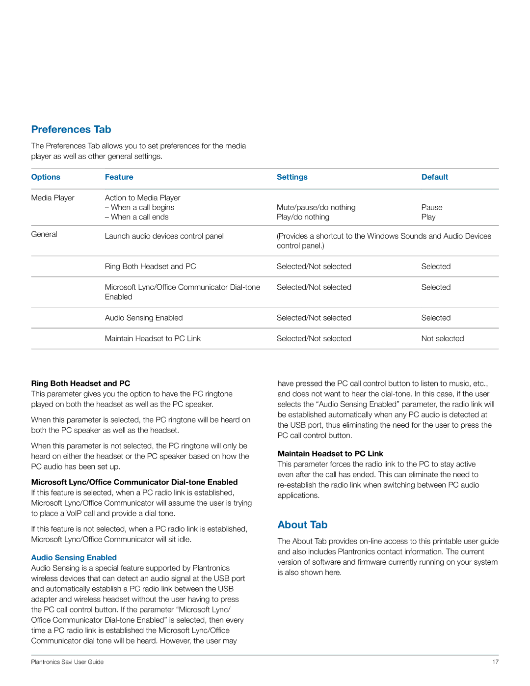 Plantronics W440-M manual Preferences Tab, About Tab, Ring Both Headset and PC, Maintain Headset to PC Link 