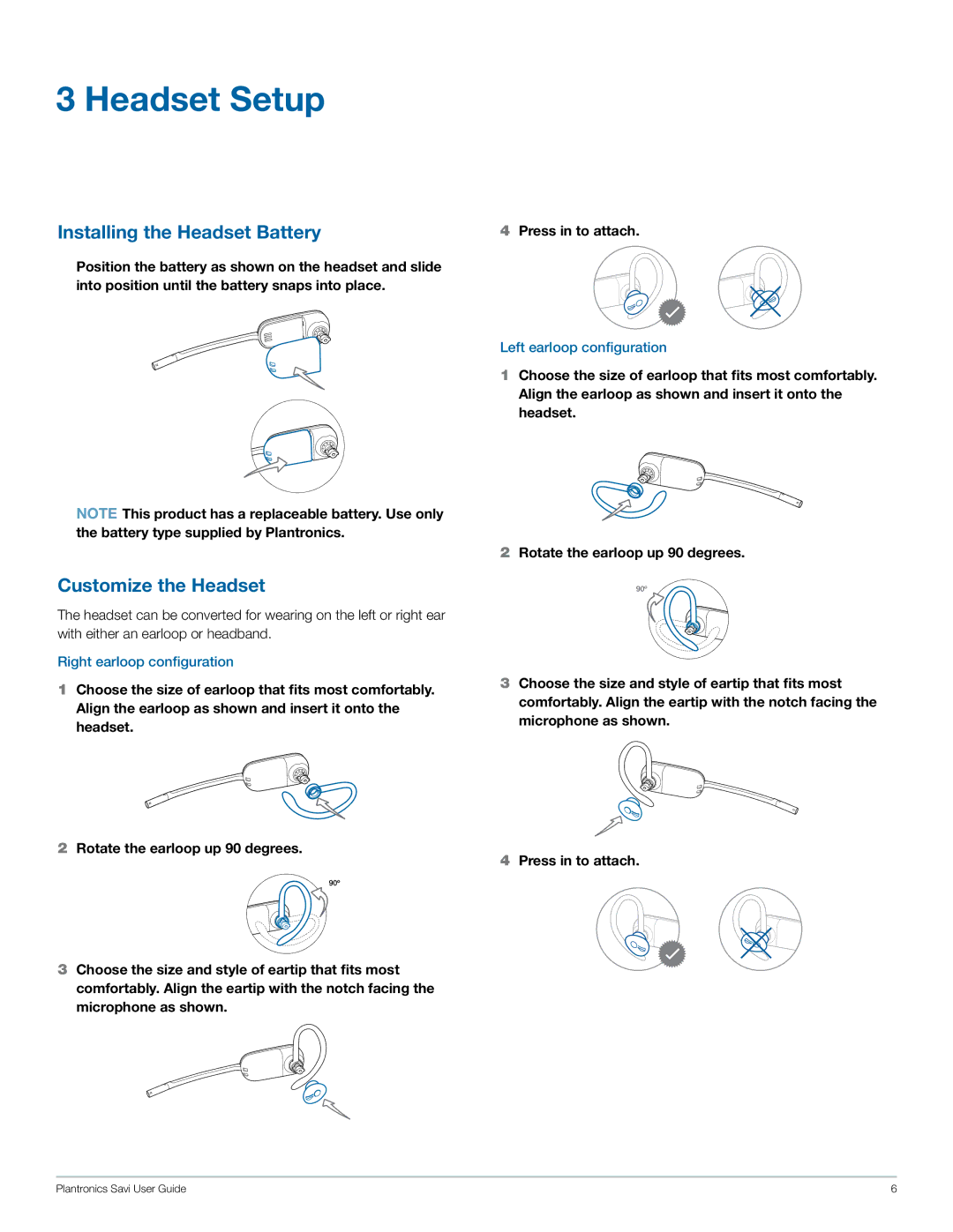 Plantronics W440-M manual Headset Setup, Installing the Headset Battery, Customize the Headset 