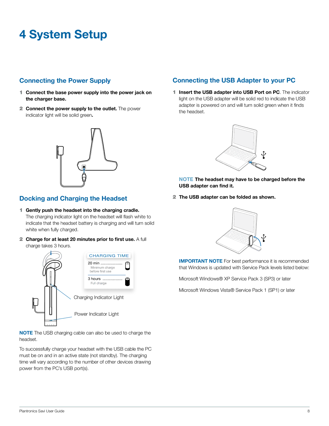 Plantronics W440-M manual System Setup, Connecting the Power Supply, Docking and Charging the Headset 