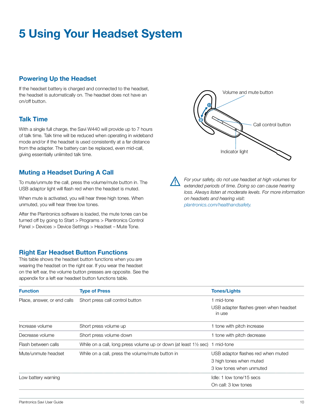 Plantronics W440 manual Using Your Headset System, Powering Up the Headset, Talk Time, Muting a Headset During a Call 