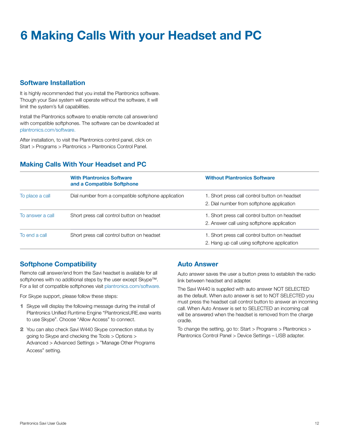 Plantronics W440 manual Making Calls With your Headset and PC, Software Installation, Making Calls With Your Headset and PC 