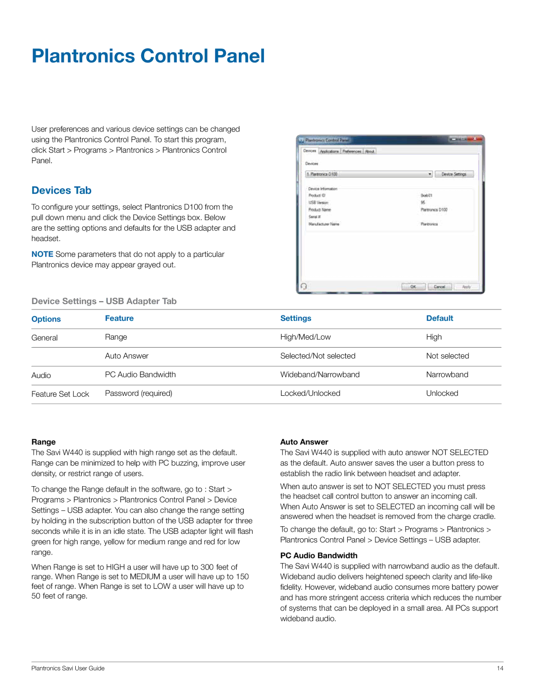 Plantronics W440 manual Plantronics Control Panel, Devices Tab, Options Feature Settings Default 