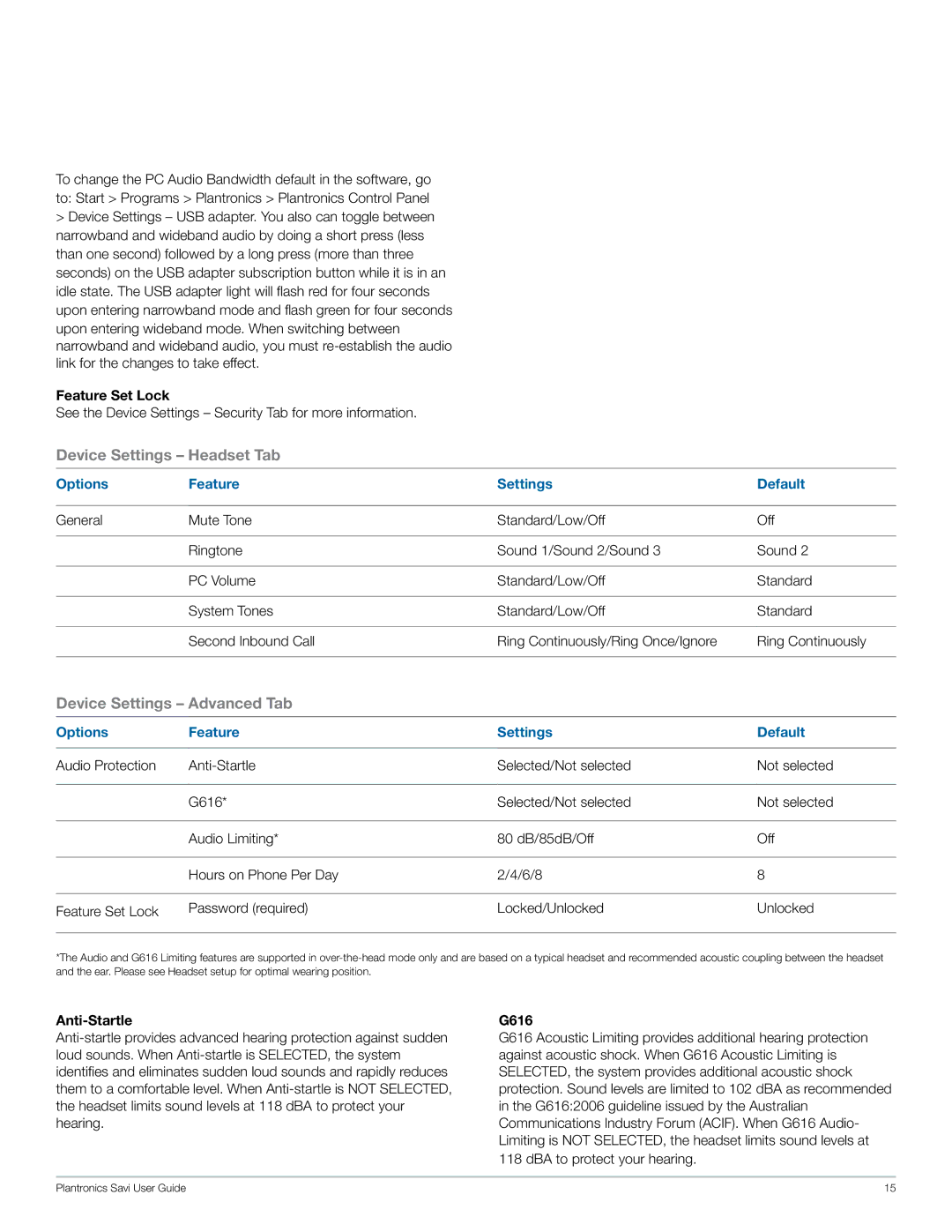 Plantronics W440 manual Feature Set Lock, Anti-Startle, G616 