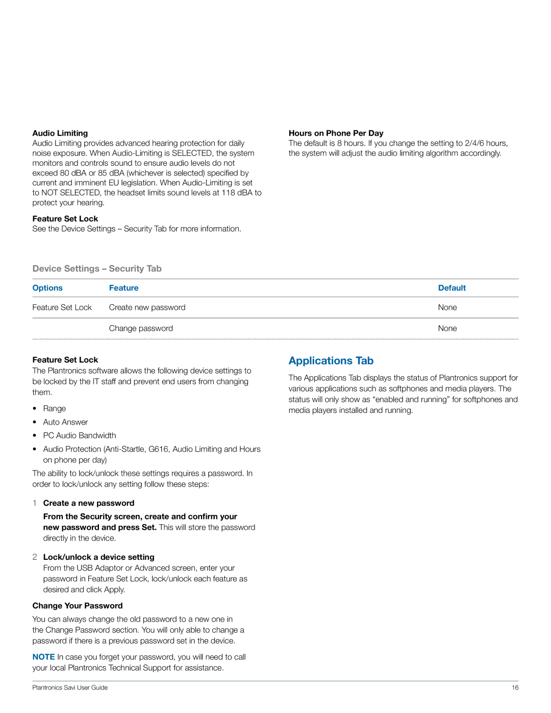 Plantronics W440 Applications Tab, Audio Limiting, Hours on Phone Per Day, Options Feature Default, Change Your Password 