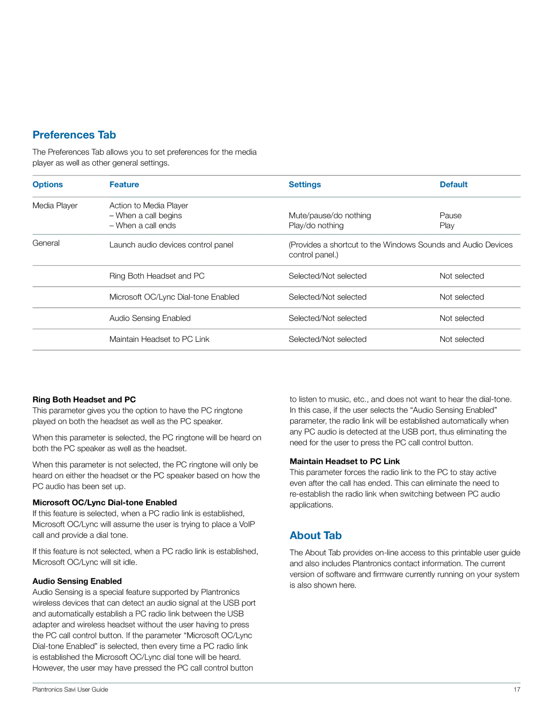 Plantronics W440 manual Preferences Tab, About Tab 