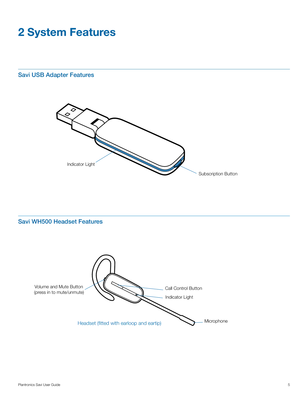 Plantronics W440 manual System Features, Savi WH500 Headset Features 