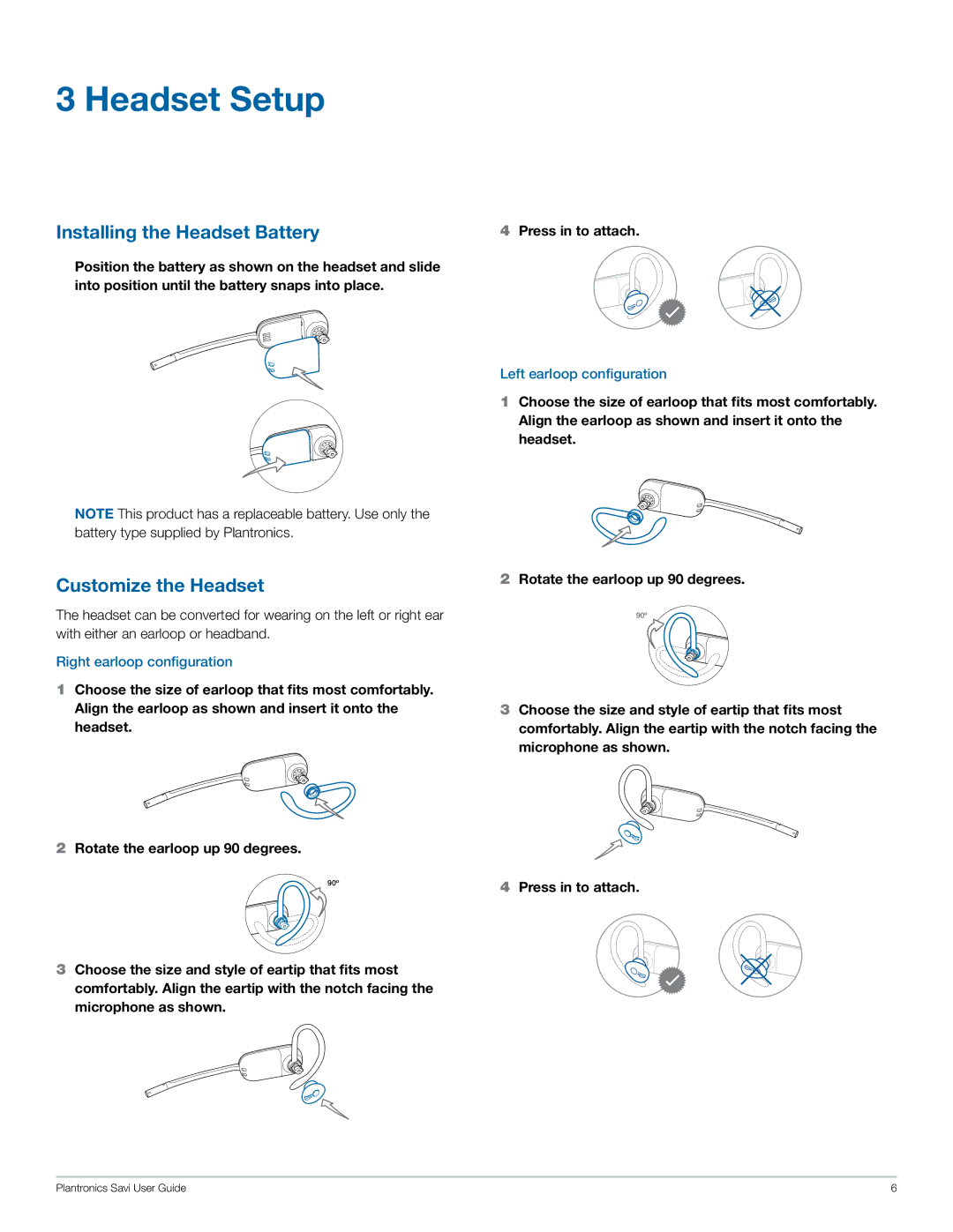 Plantronics W440 manual Headset Setup, Installing the Headset Battery, Customize the Headset 