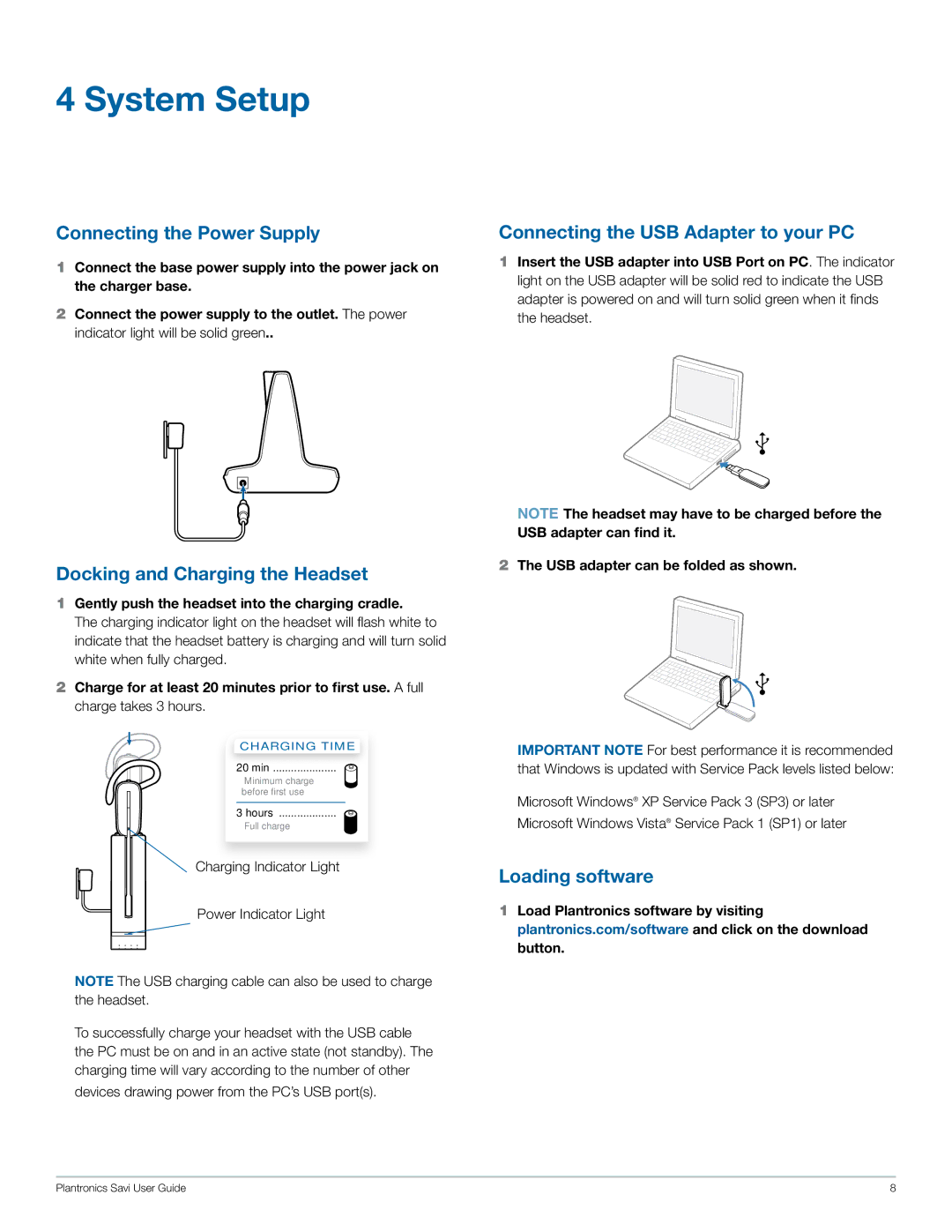 Plantronics W440 manual System Setup, Connecting the Power Supply, Docking and Charging the Headset, Loading software 