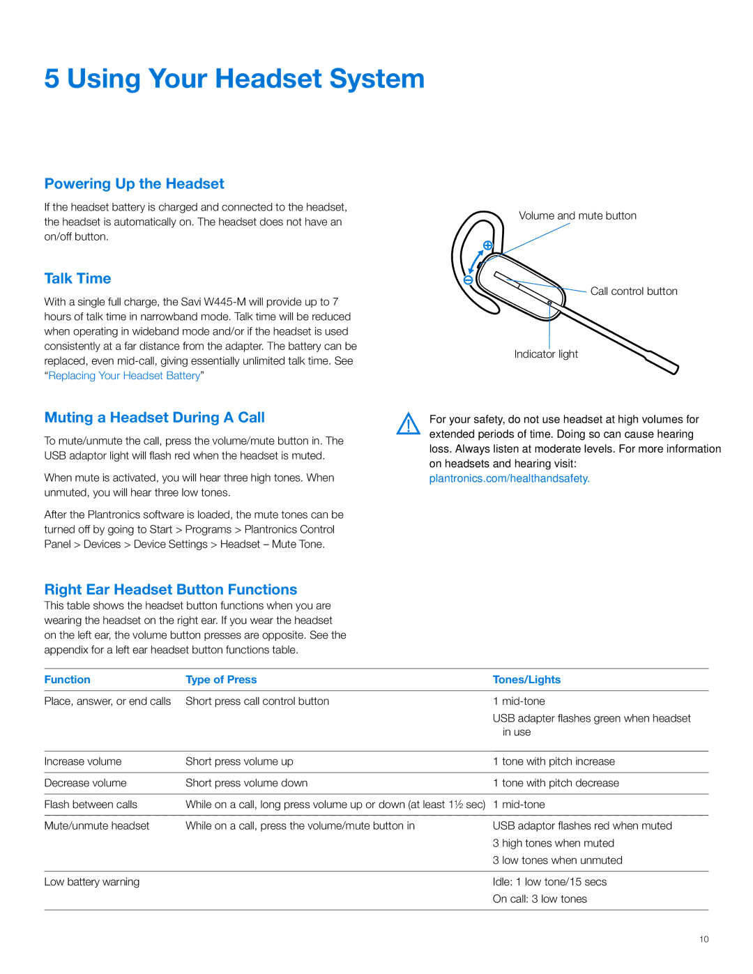 Plantronics W445-M manual Using Your Headset System, Powering Up the Headset, Talk Time, Muting a Headset During a Call 