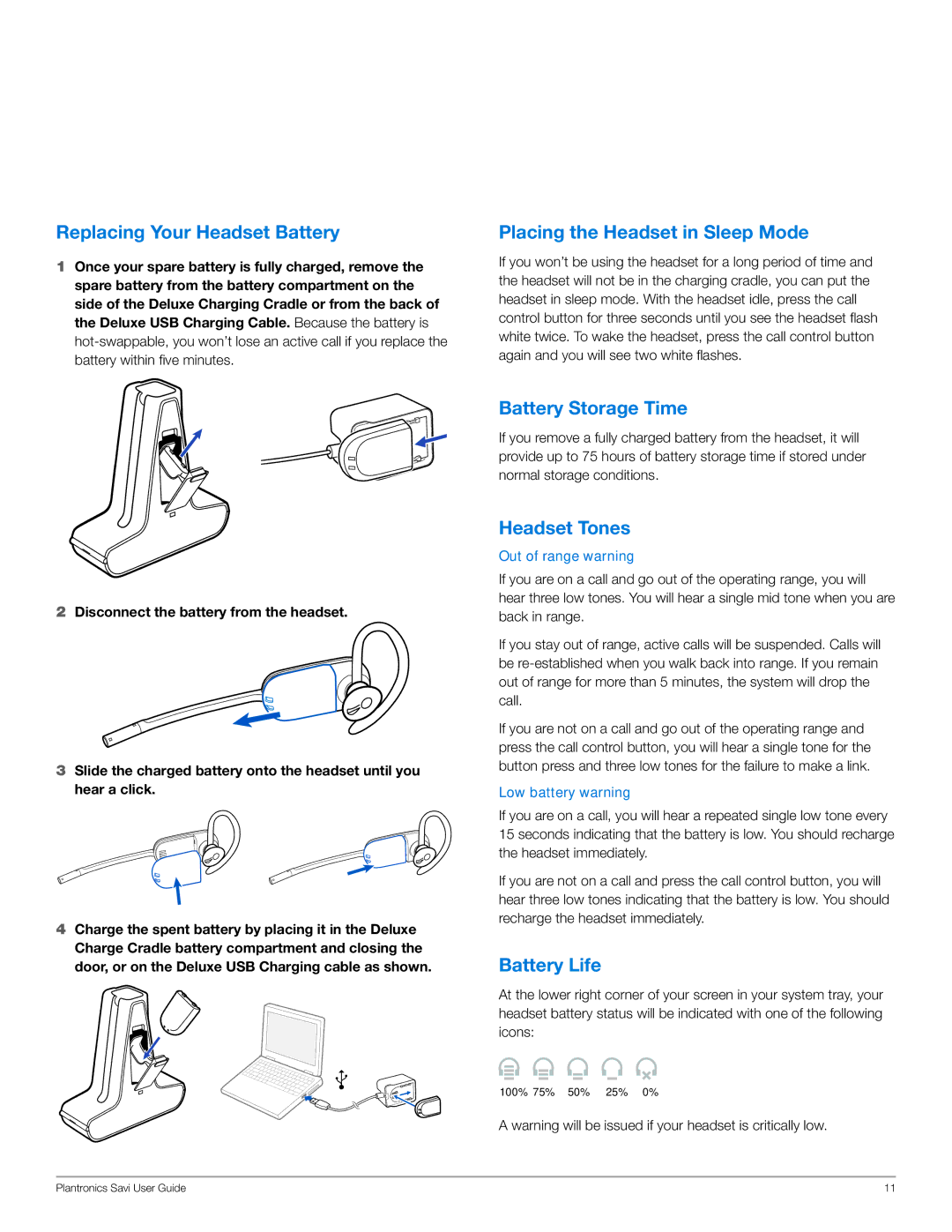 Plantronics W445-M Replacing Your Headset Battery, Placing the Headset in Sleep Mode, Battery Storage Time, Headset Tones 