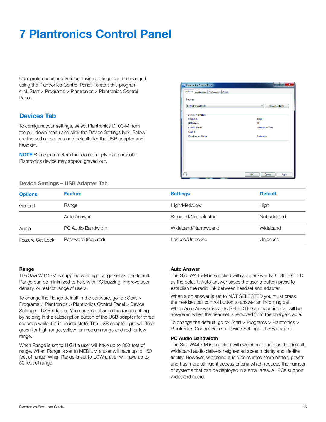 Plantronics W445-M manual Plantronics Control Panel, Devices Tab, Options Feature Settings Default 