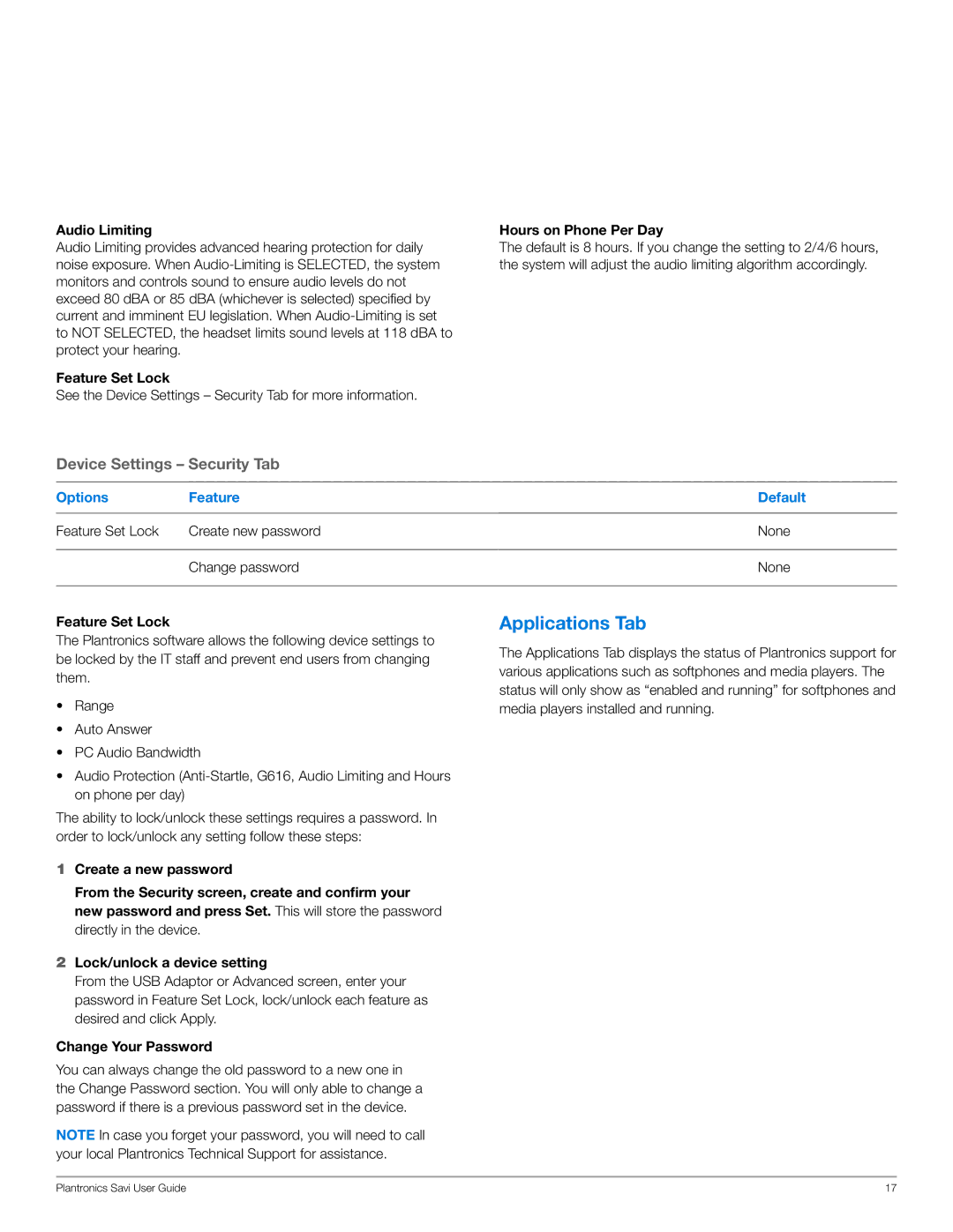 Plantronics W445-M Applications Tab, Audio Limiting, Hours on Phone Per Day, Options Feature Default, Change Your Password 