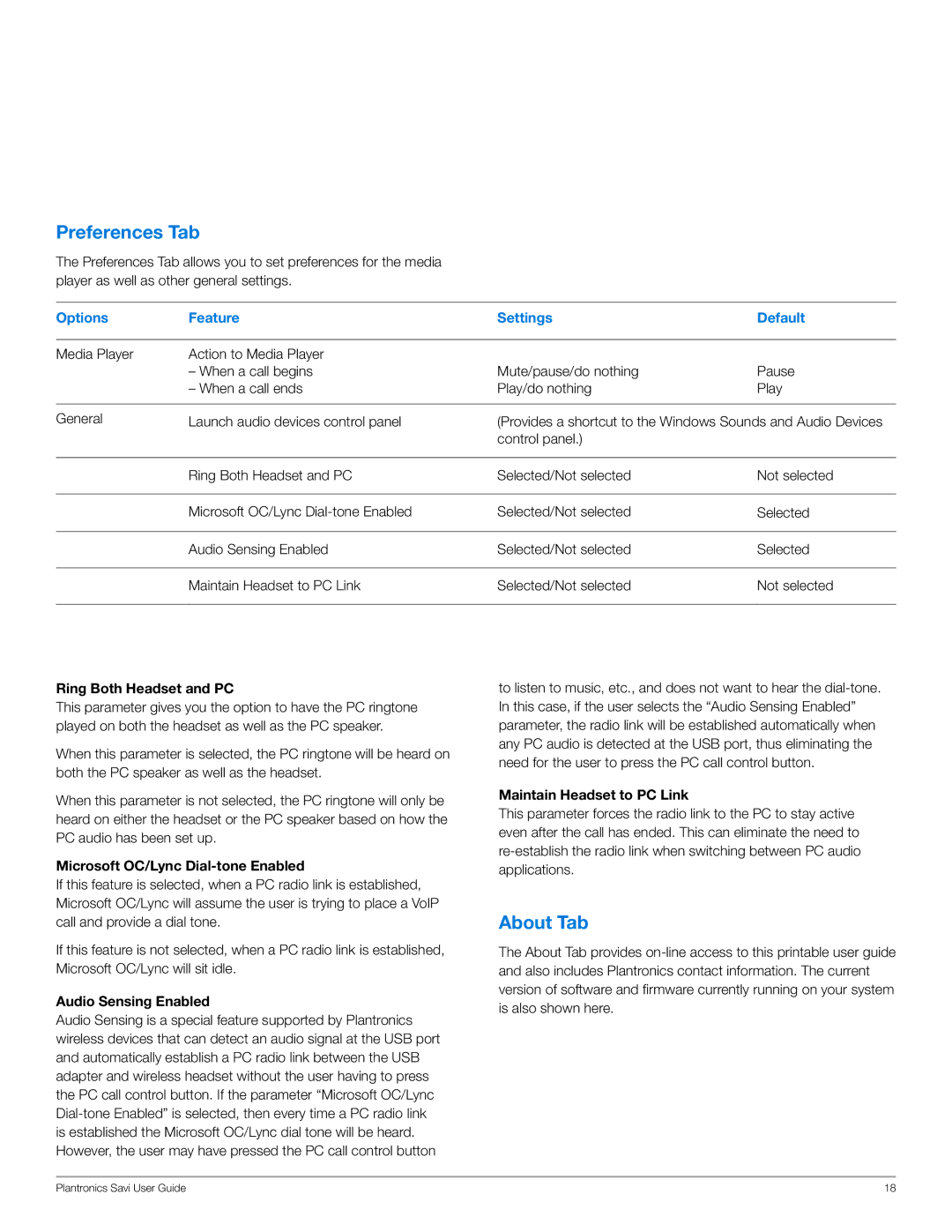 Plantronics W445-M manual Preferences Tab, About Tab 