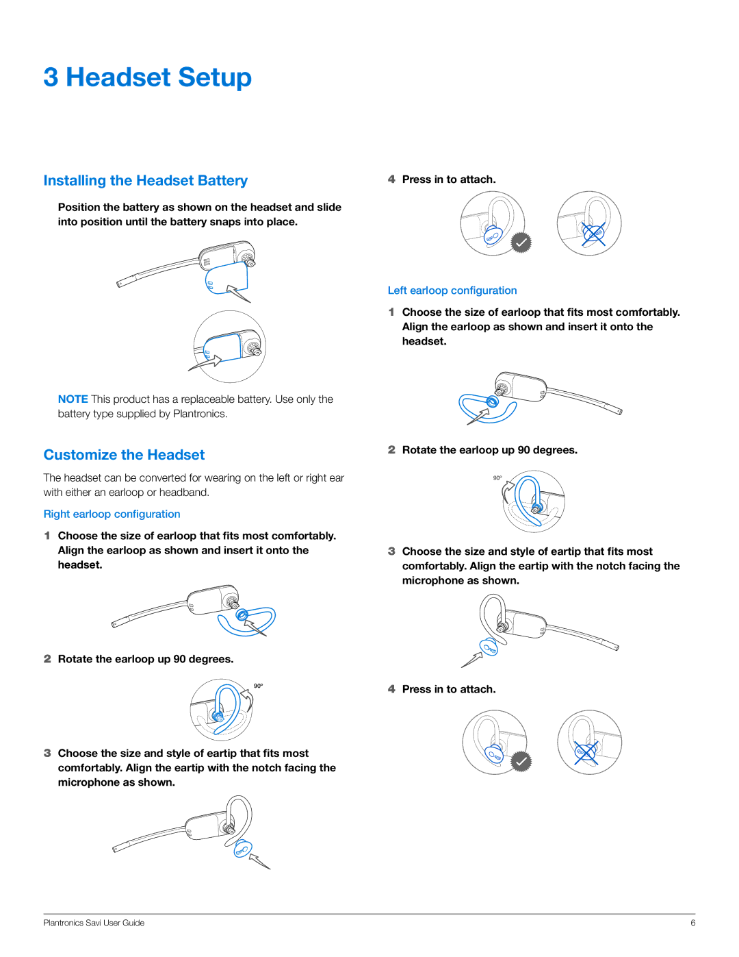 Plantronics W445-M manual Headset Setup, Installing the Headset Battery, Customize the Headset 