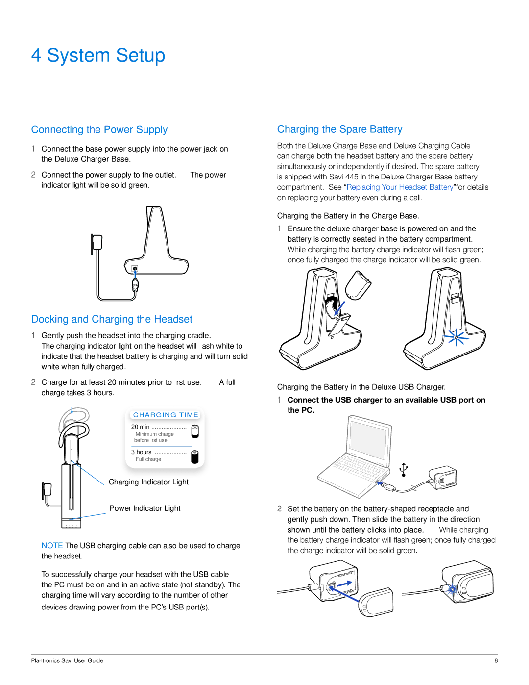 Plantronics W445-M System Setup, Connecting the Power Supply, Charging the Spare Battery, Docking and Charging the Headset 