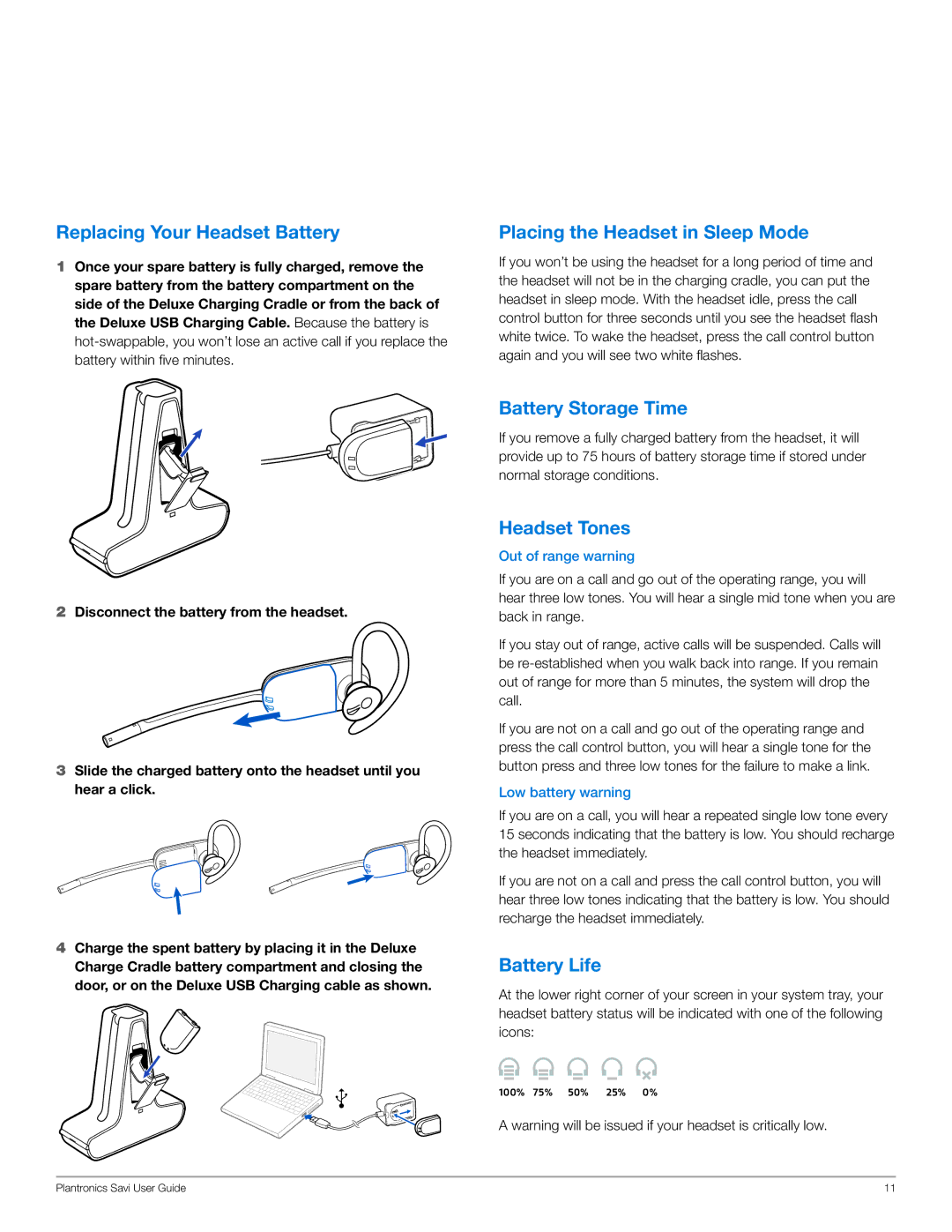 Plantronics W445 Replacing Your Headset Battery, Placing the Headset in Sleep Mode, Battery Storage Time, Headset Tones 