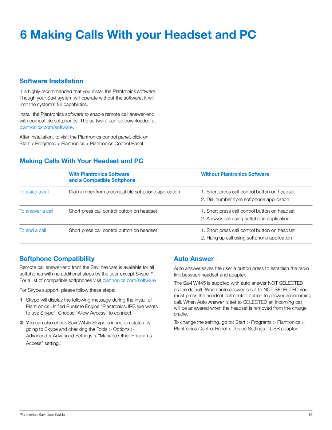 Plantronics W445 manual Making Calls With your Headset and PC, Software Installation, Making Calls With Your Headset and PC 
