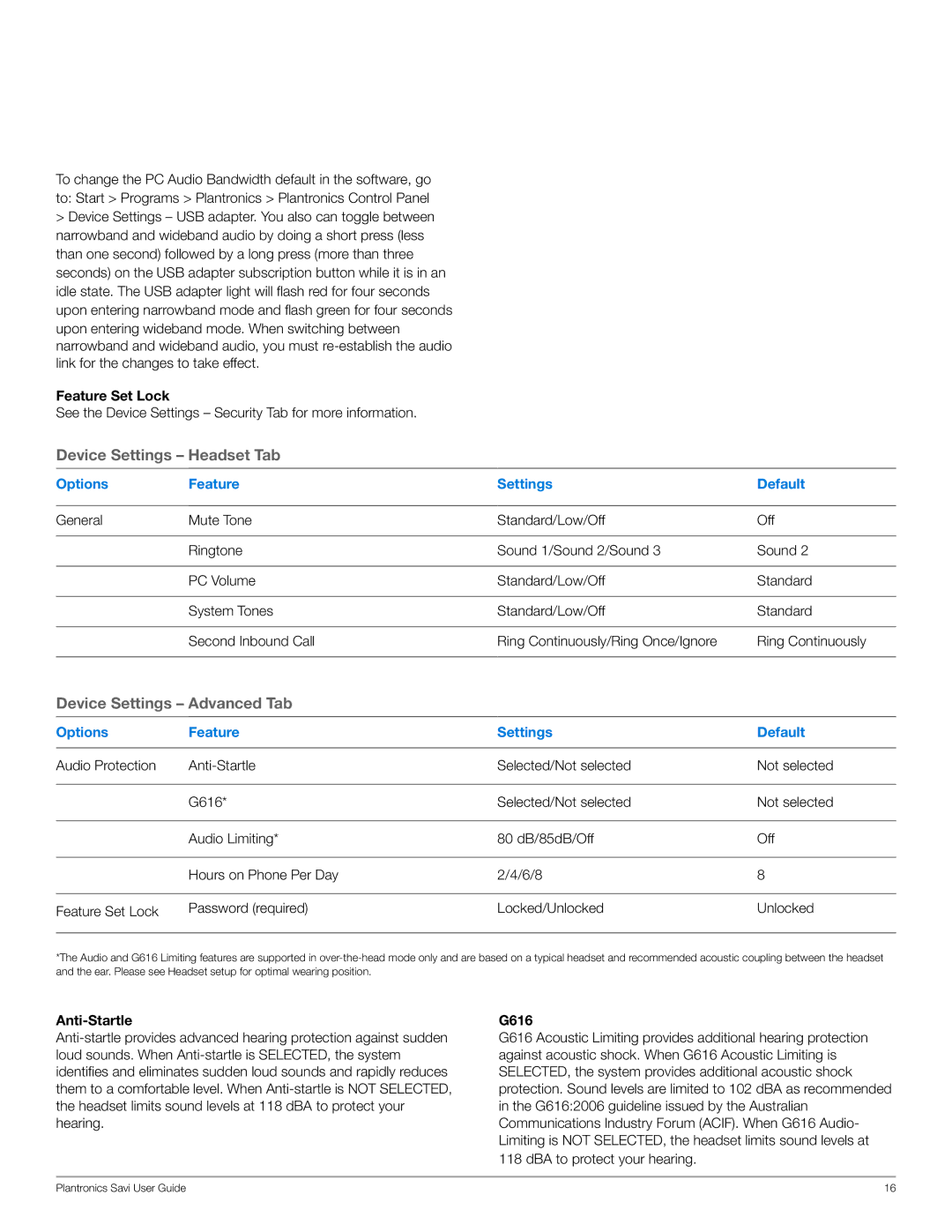 Plantronics W445 manual Feature Set Lock, Anti-Startle, G616 