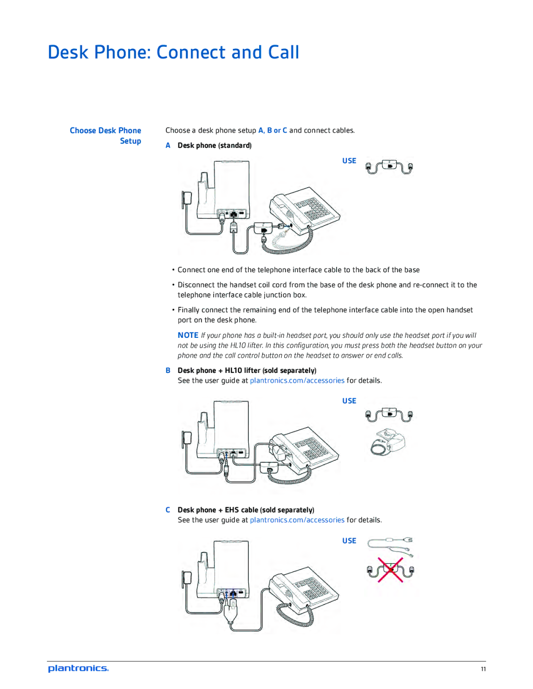 Plantronics W710-M, W720-M manual Desk Phone Connect and Call, Choose a desk phone setup A, B or C and connect cables 