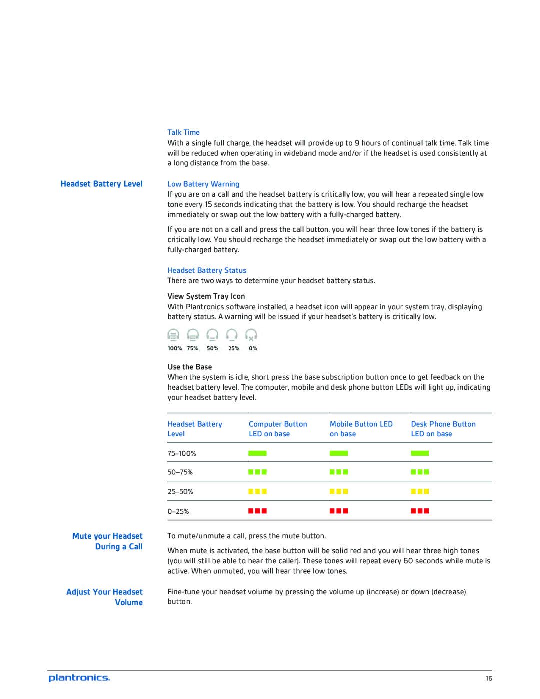Plantronics W720-M, W710-M manual Headset Battery Level, Talk Time, Low Battery Warning, Headset Battery Status 