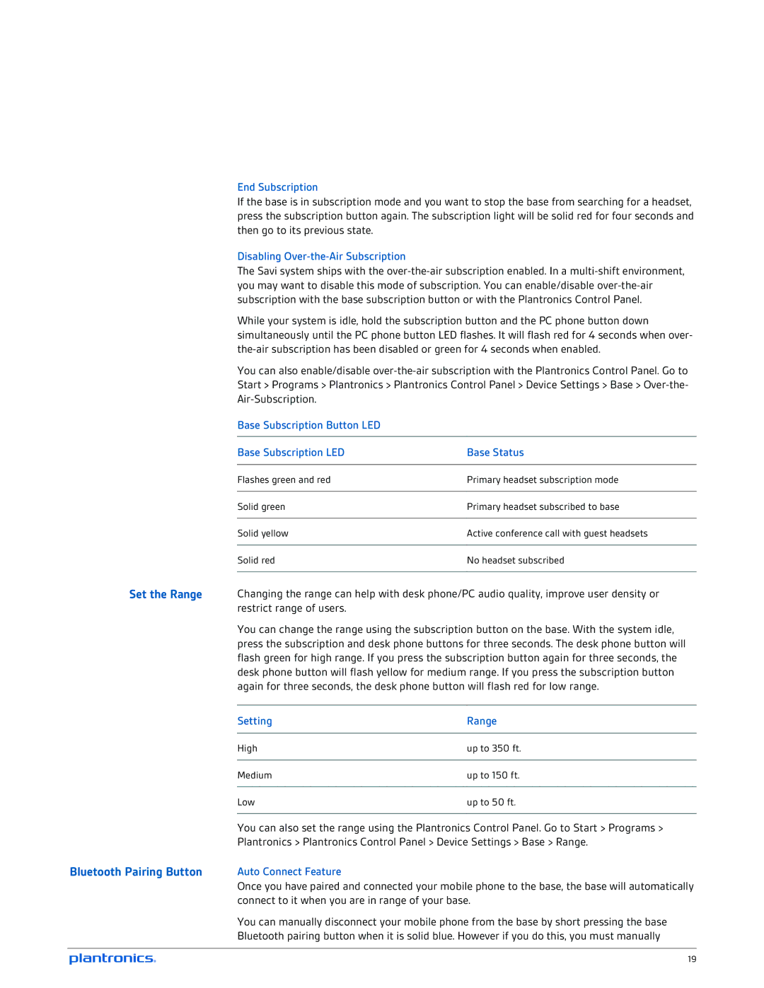 Plantronics W710-M, W720-M manual Set the Range, End Subscription, Disabling Over-the-Air Subscription, Setting Range 