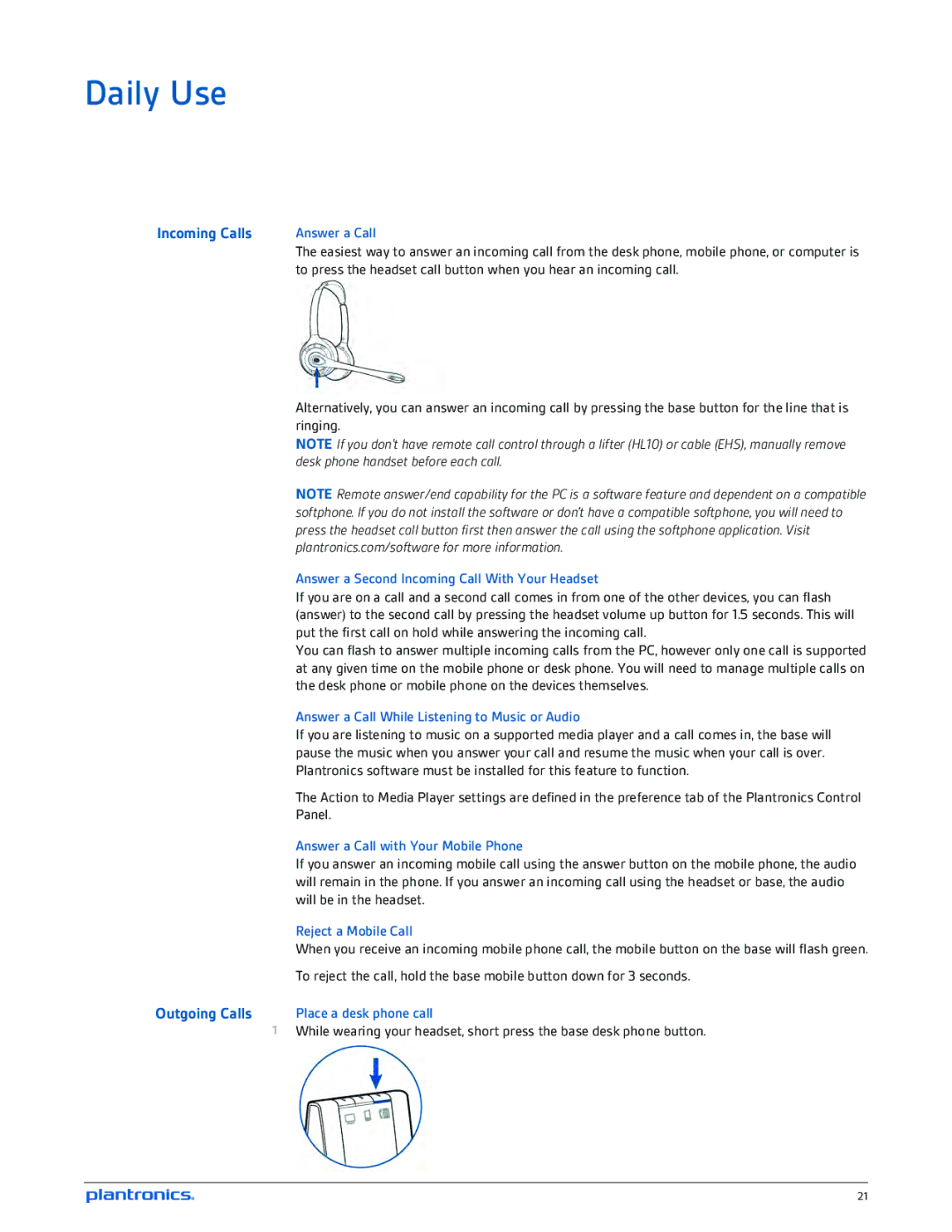 Plantronics W710-M, W720-M manual Daily Use, Incoming Calls 