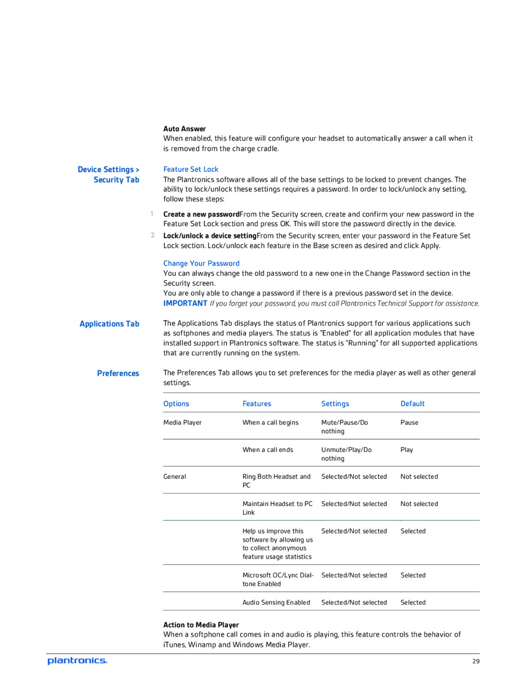 Plantronics W710-M, W720-M manual Security Tab, Auto Answer, Action to Media Player 