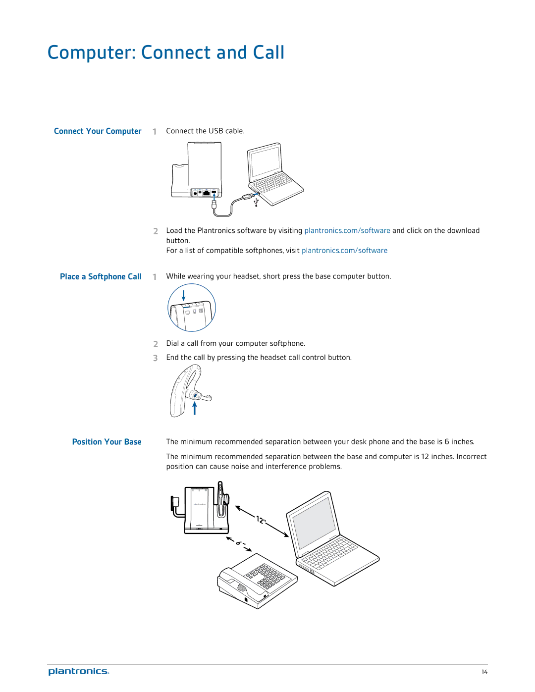 Plantronics W730 manual Computer Connect and Call, Connect Your Computer 1 Connect the USB cable 