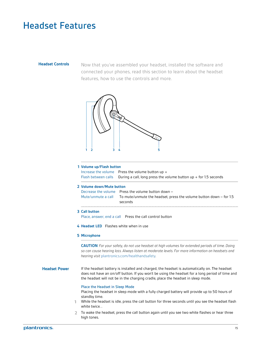 Plantronics W730 manual Headset Features, Headset Controls, Volume up/Flash button, Volume down/Mute button, Call button 