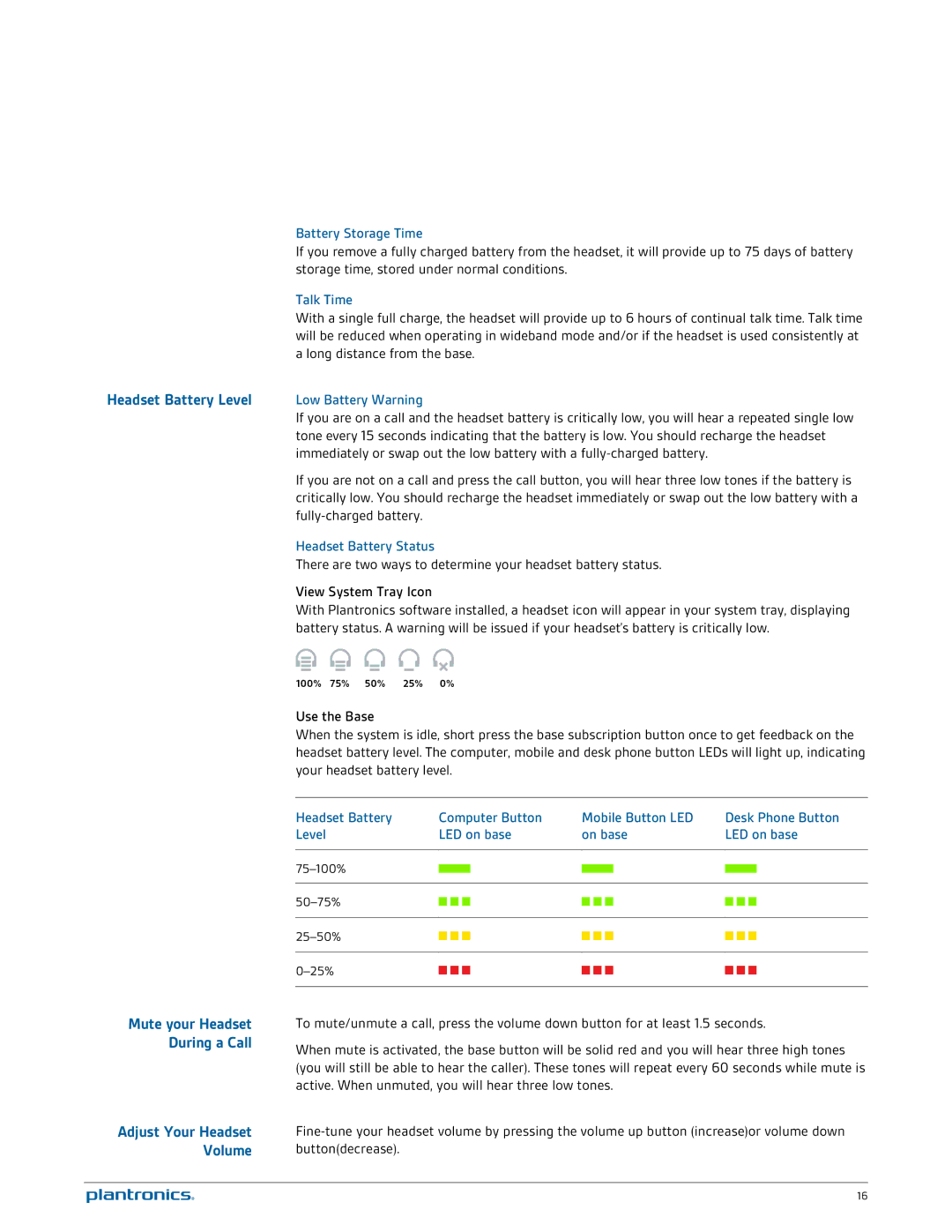 Plantronics W730 manual Headset Battery Level, Mute your Headset During a Call Adjust Your Headset Volume 