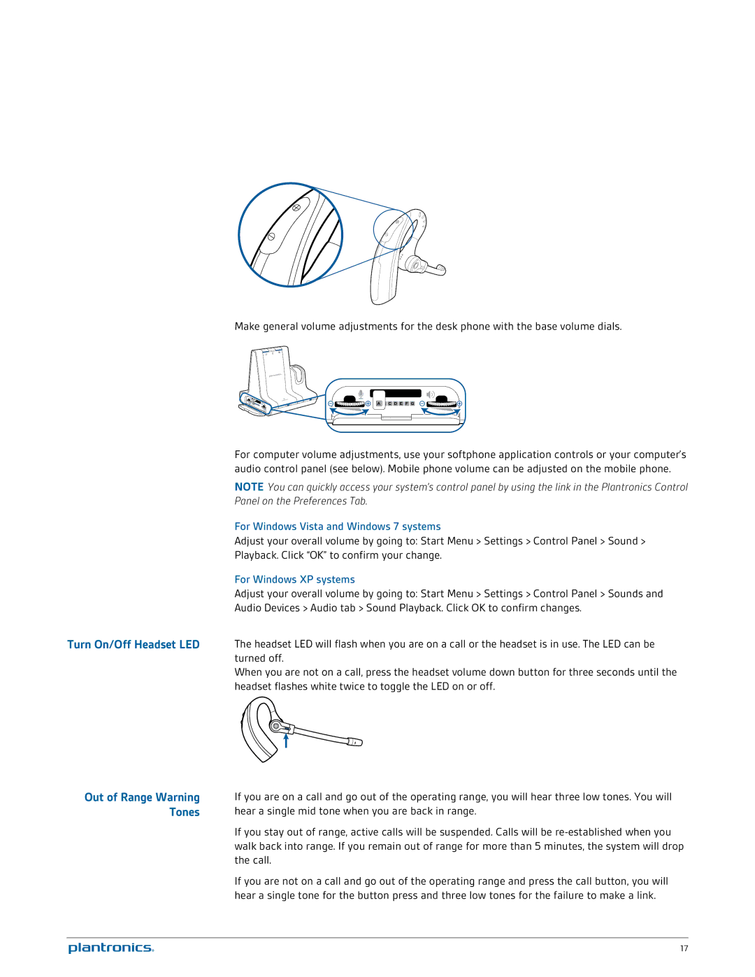 Plantronics W730 manual Out of Range Warning, Tones, For Windows Vista and Windows 7 systems, For Windows XP systems 