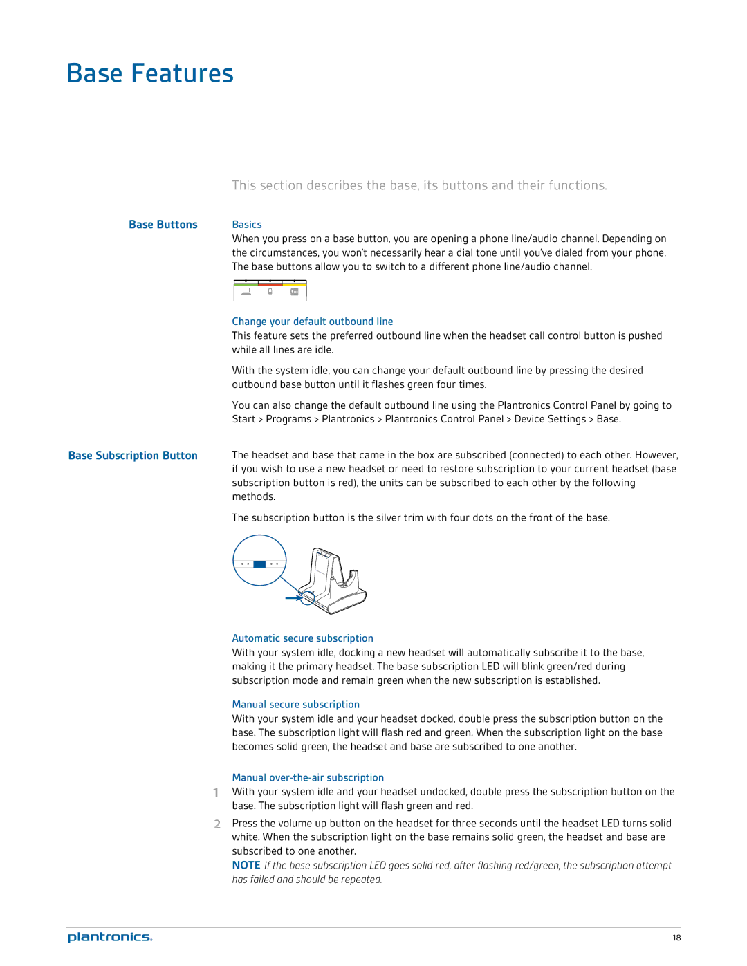 Plantronics W730 manual Base Features, Base Buttons, Base Subscription Button 