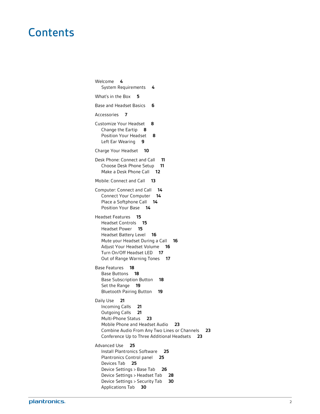 Plantronics W730 manual Contents 