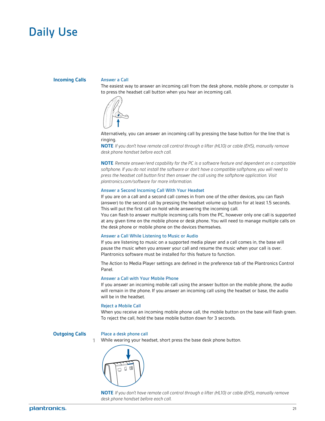 Plantronics W730 manual Daily Use, Incoming Calls 